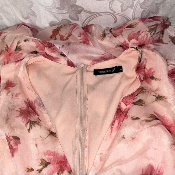 Double Crazy Pink Feminine Fairy Floral Sheer Long Bell Sleeve Flowy Dress - Picture 12 of 12